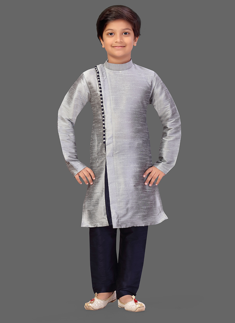 Grey Art Silk Soild Stitched Kurta Pyjama Festive Wear