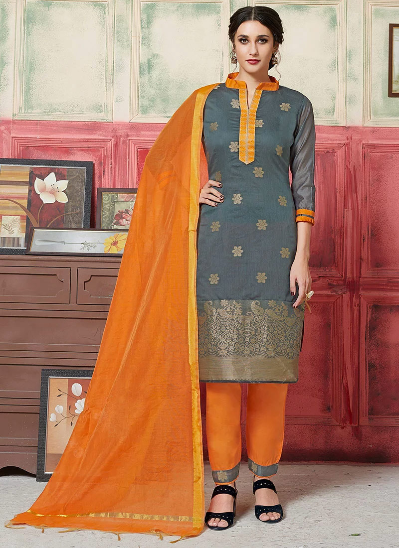 Buy Grey Art Silk Straight Pant Suit, Zari, straight pant suit Online