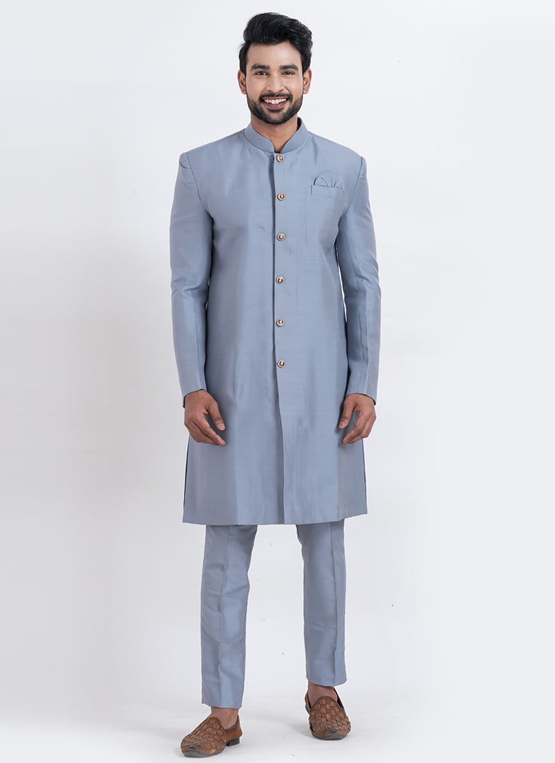 Grey Banarasi Dupion Silk Classic Sherwani