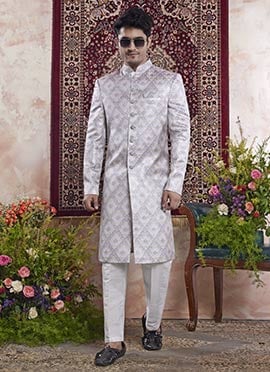 Grey Banarasi Jacquard Indowestern Sherwani