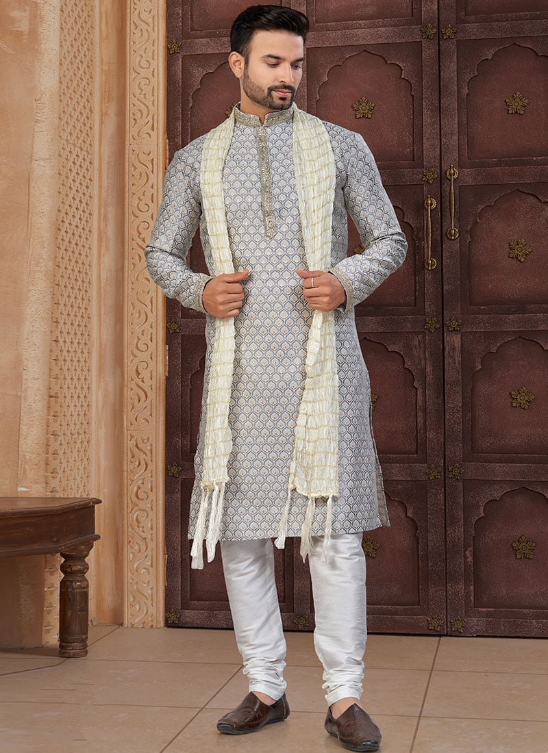 Grey Banarasi Jacquard Silk Kurta Pyjama Festive Wear