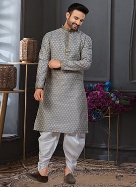 Grey Banarasi Jacquard Silk Zari Jacquard Benarasi Neck Lace Work Classic Sherwani