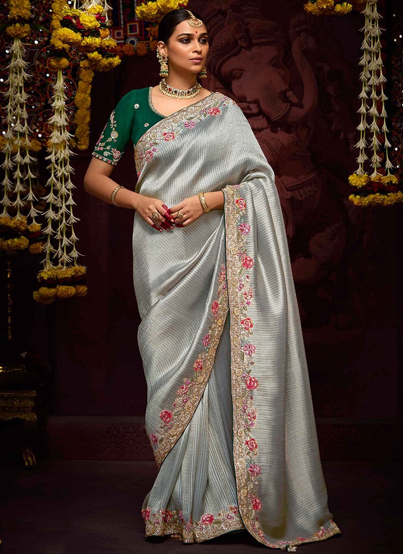 Grey Banarasi Silk Embroidered And Sequins Beads Thread Work Saree Wedding Wear