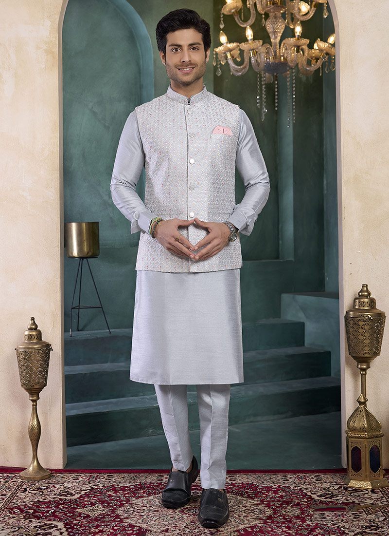 Grey Banarasi Silk Embroidered Sequins Bandi Set Festive Wear