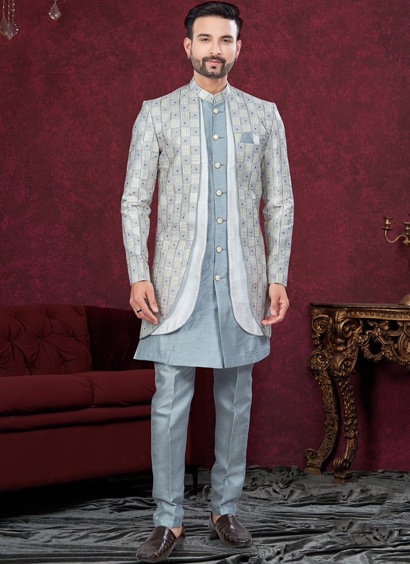 Grey Banarasi Silk Embroidered Sequins Indowestern Sherwani Wedding Wear-SHMSGR5891