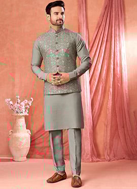 Grey Banarasi Silk Embroidered Sequins Thread Bandi Set