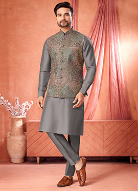 Grey Banarasi Silk Embroidered Sequins Thread Bandi Set