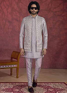 Grey Banarasi Silk Embroidered Sequins Thread Bandi Set