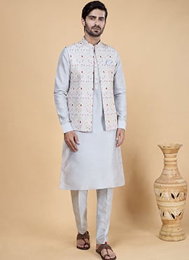 Grey Banarasi Silk Embroidery Work Jacket Bandi Set