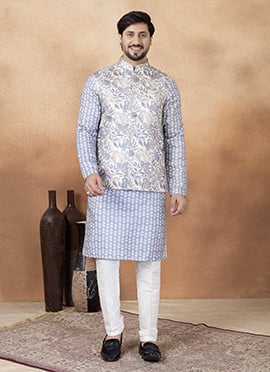 Grey Banarasi Silk Jacquard Print Badi Set