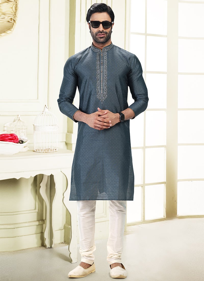Grey Banarasi Silk Jacquard Work Kurta Pyjama Party Wear