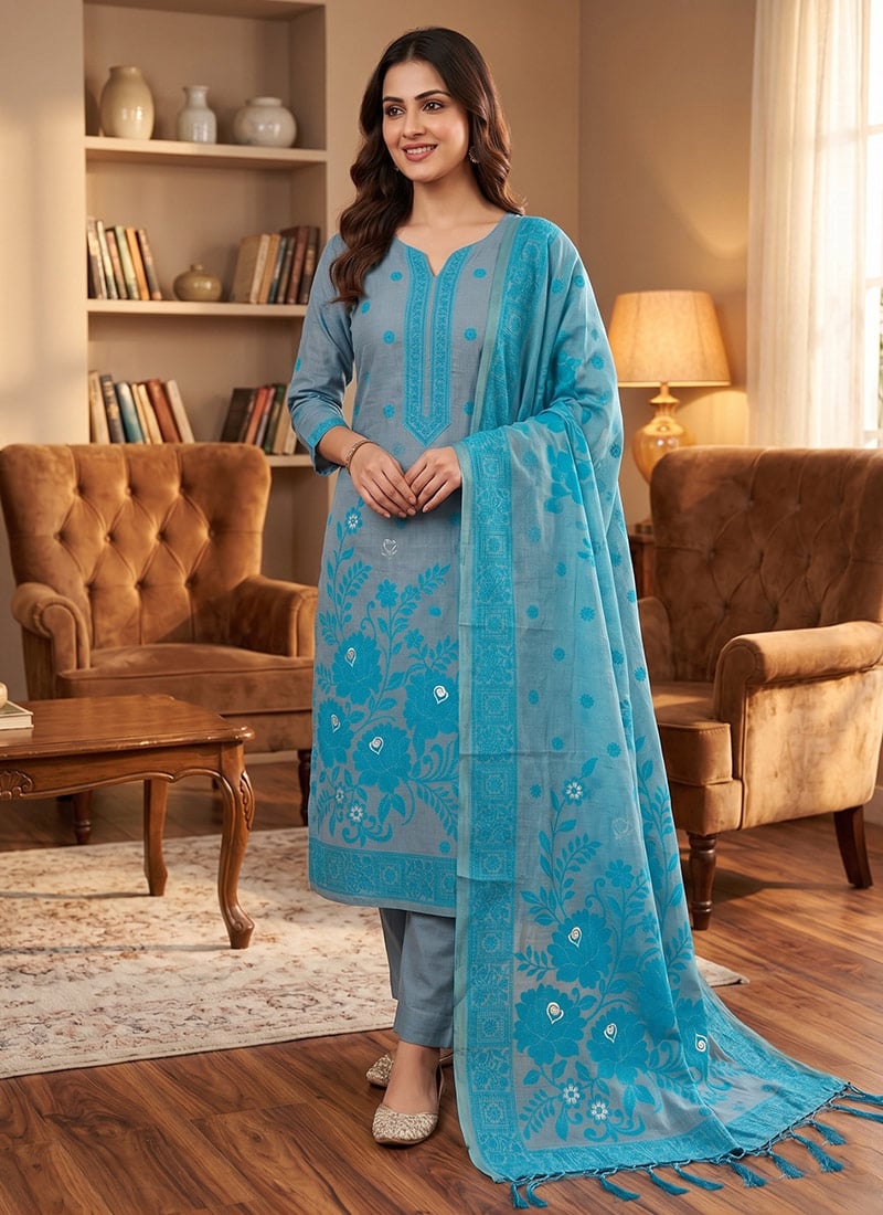 Grey Banarasi Silk Jamdani Pichwai Weaving Straight Pant Suit Leisure Wear