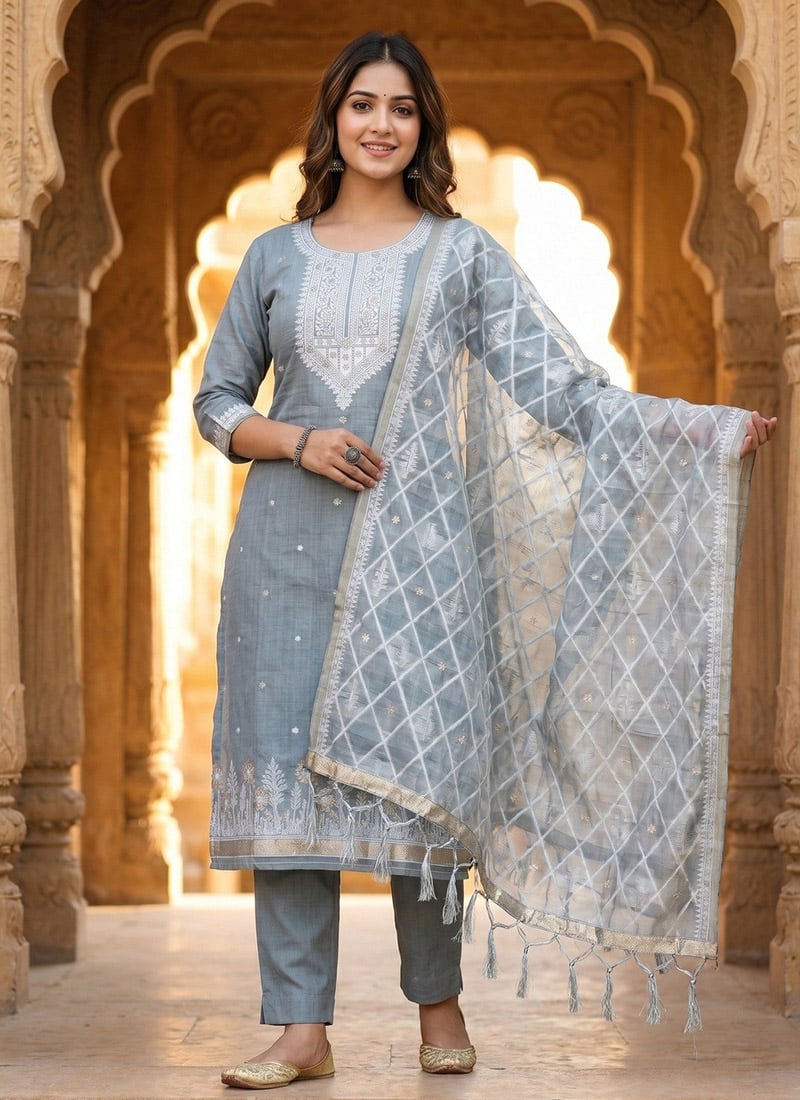 Grey Banarasi Silk Jamdani Pichwai Weaving Straight Pant Suit Leisure Wear