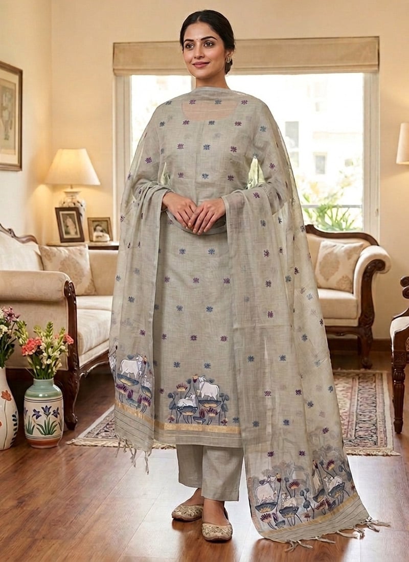 Grey Banarasi Silk Pichwai Weaving Straight Pant Suit Leisure Wear