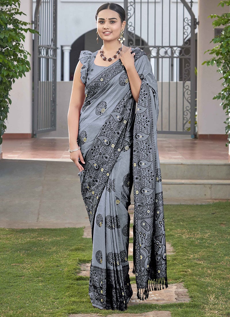 Grey Banarasi Silk Saree Festive Wear