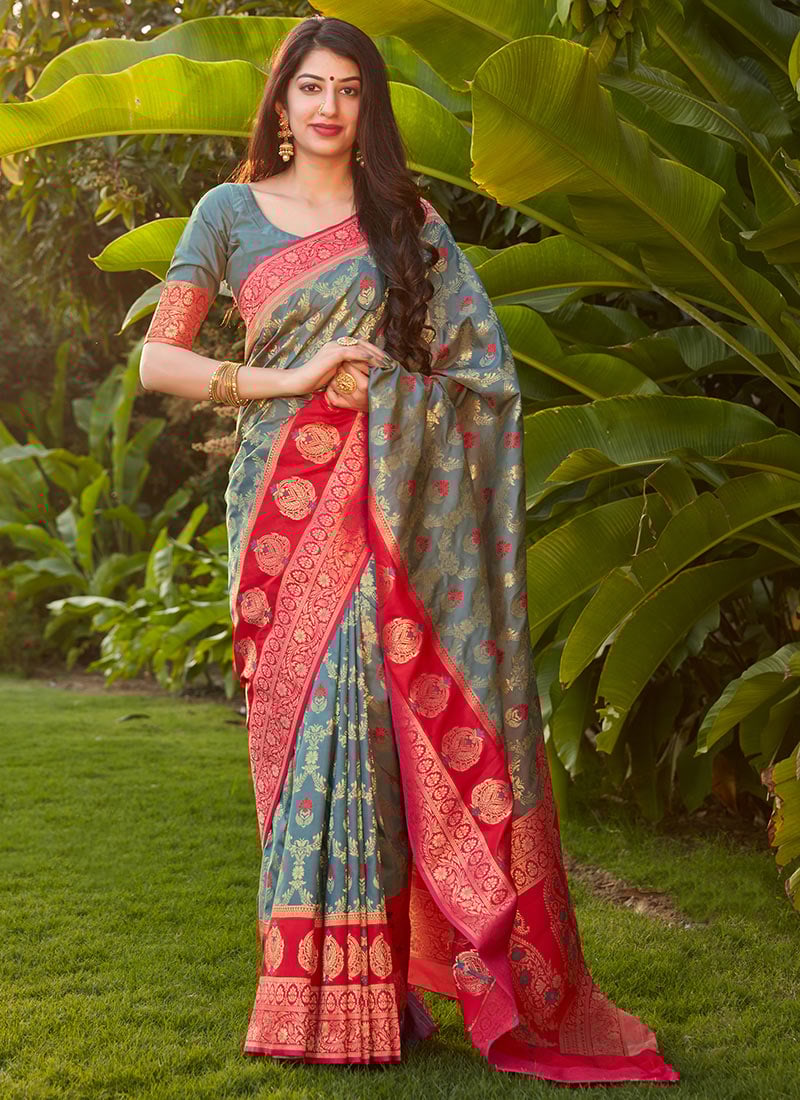 Grey Banarasi Silk Weaving Saree