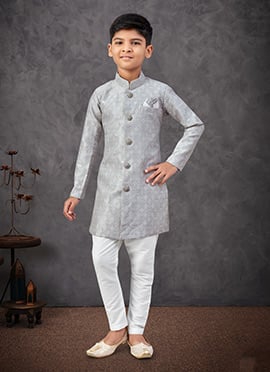 Grey Banarasi Silk With Zari Work Jacquard Embroidered Sequins Boys Indowestern Sherwani