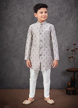 Grey Banarasi Silk With Zari Work Jacquard Embroidered Sequins Boys Indowestern Sherwani