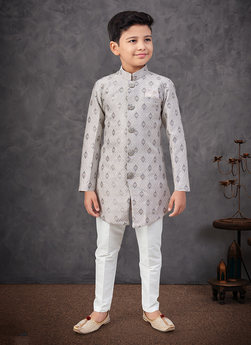 Grey Banarasi Silk With Zari Work Jacquard Embroidered Sequins Boys Indowestern Sherwani Wedding Wear