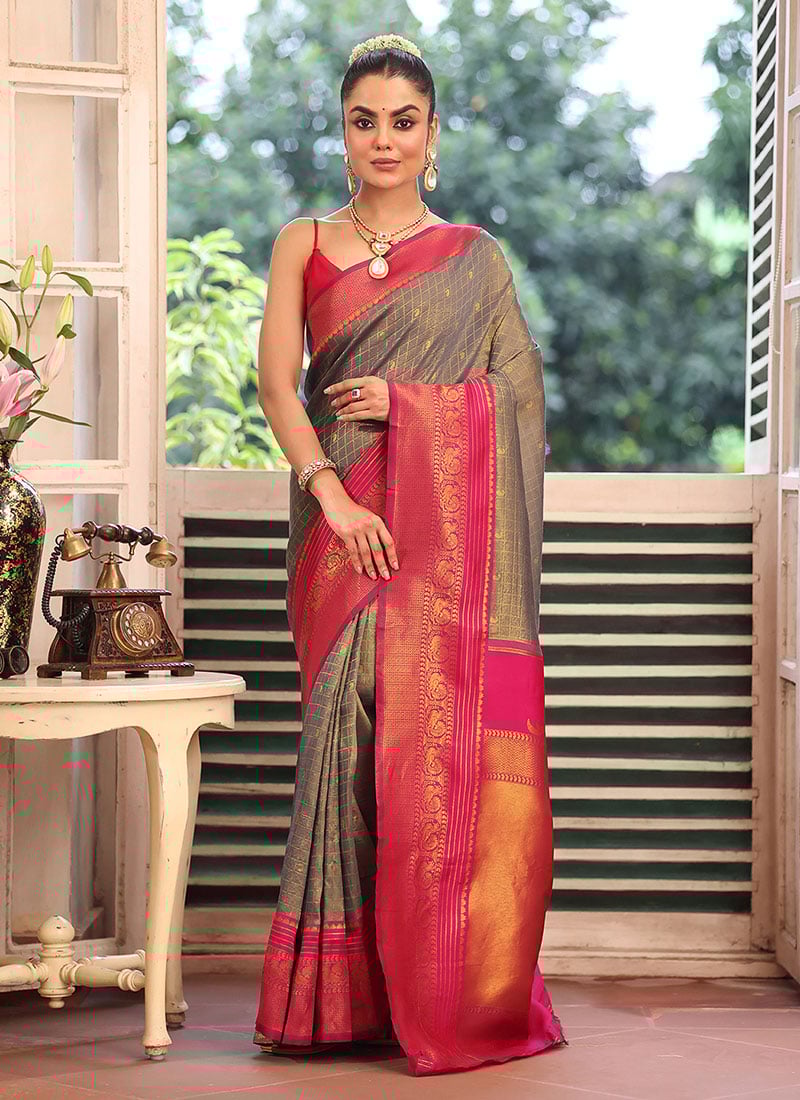 Grey Banarasi Silk Zari Saree After Six Wear