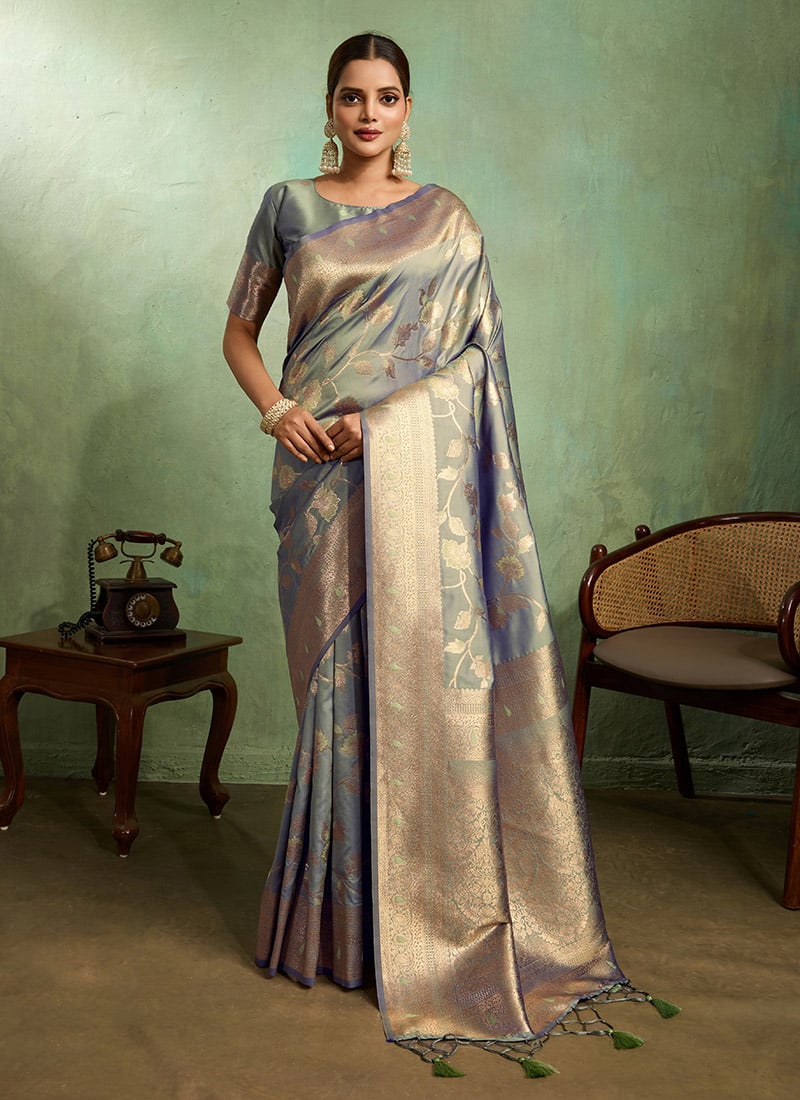Grey Banarasi Silk Zari Saree Festive Wear
