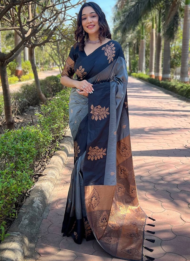 Grey Banarasi Silk Zari Woven Jacquard Saree For Special Occasions Festive Wear
