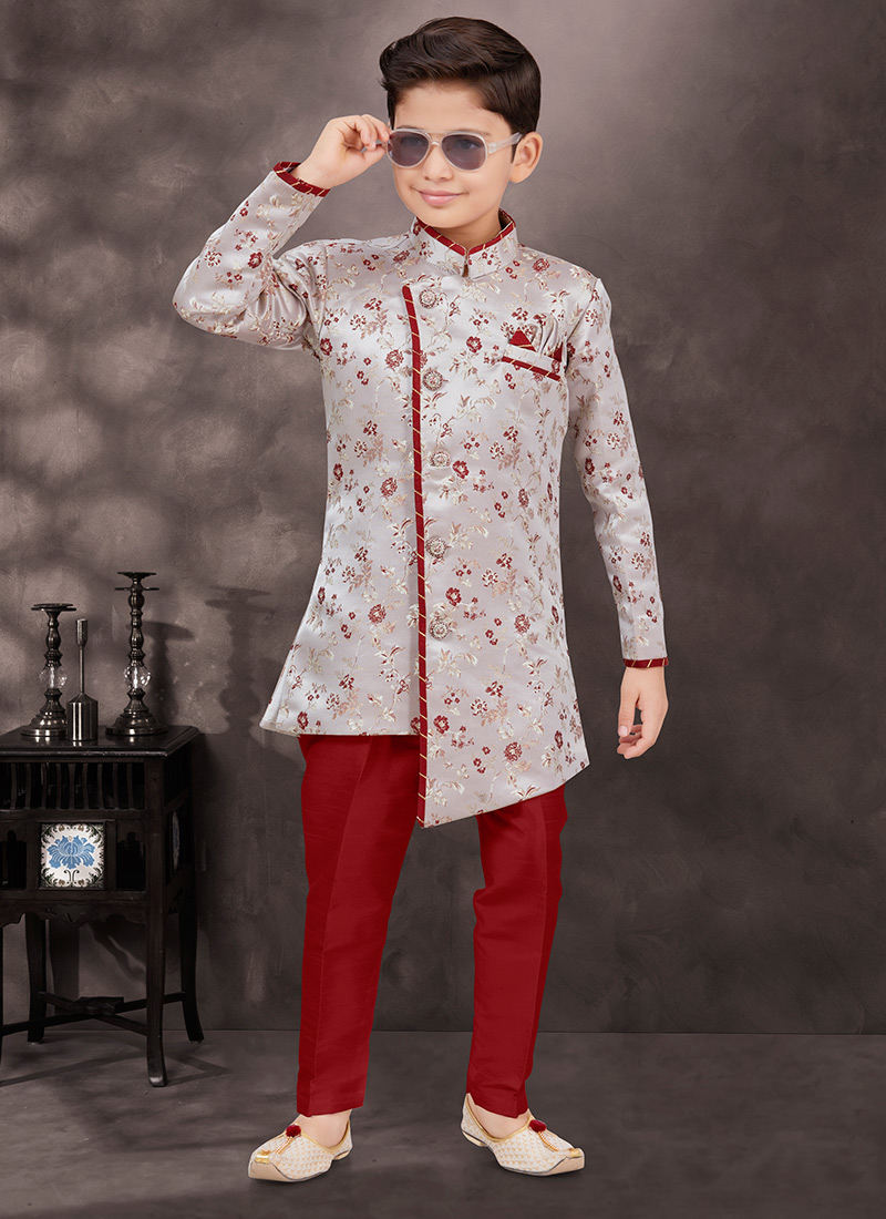 Grey Banarasi Soft Jacquard Kids Boys Indowestern Sherwani  Wedding Wear