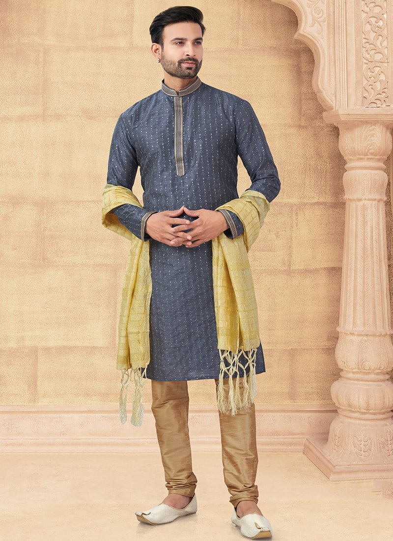 Grey Banglori Silk Sequins Kurta Pyjama Festive Wear