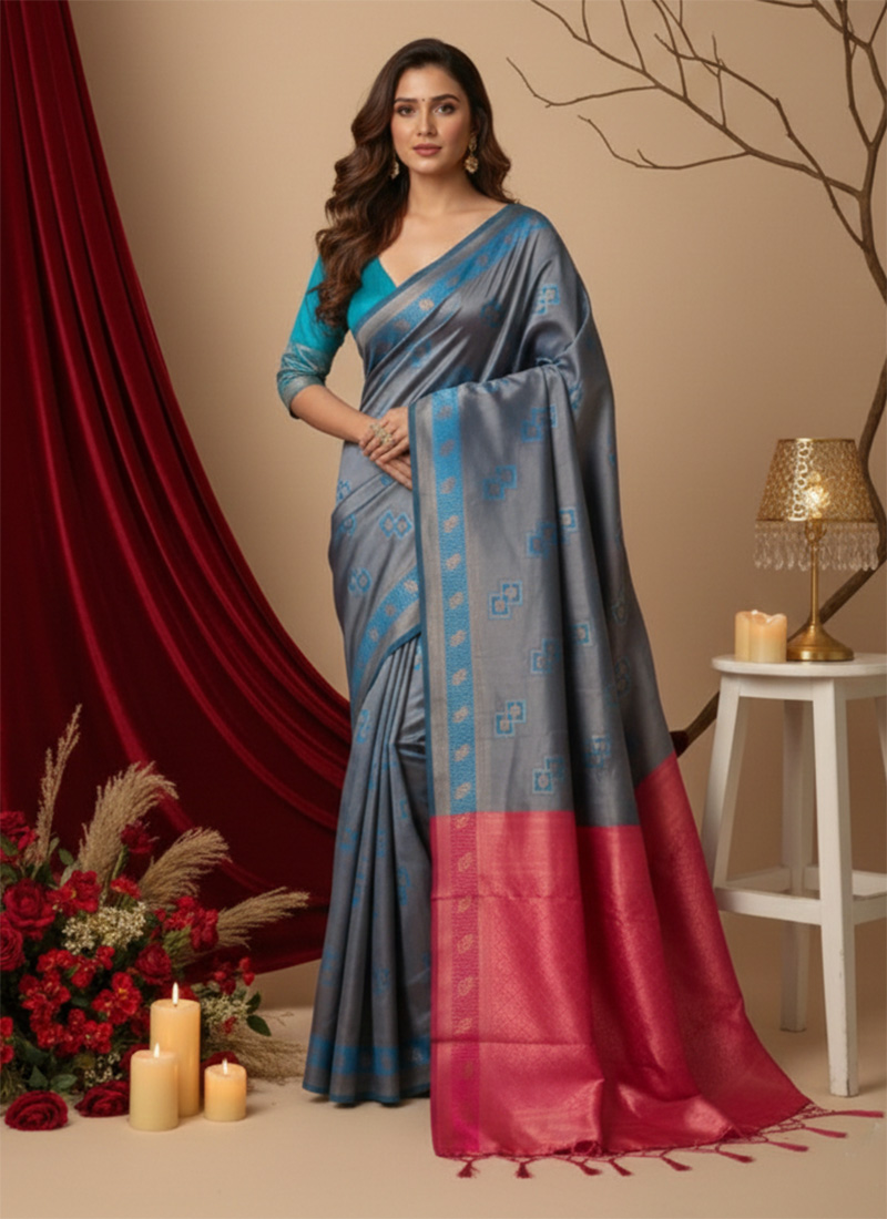 Grey Banrasai Woven Silk Saree Festive Wear