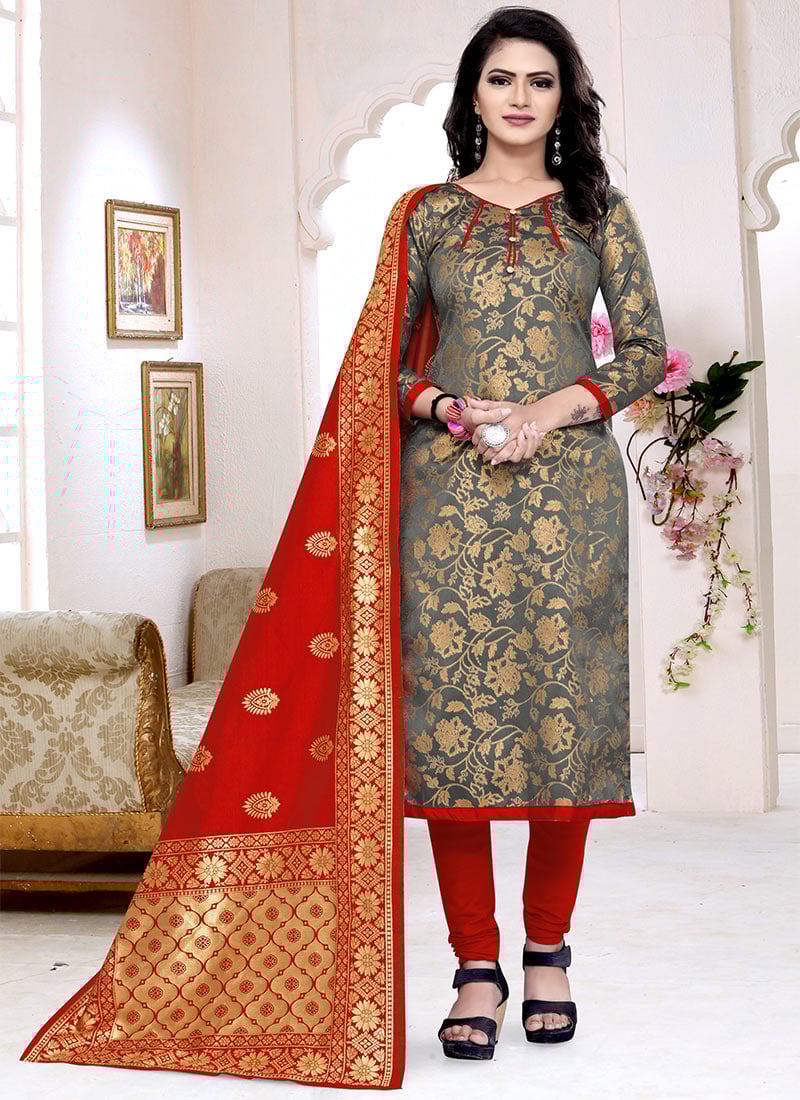 Grey Benarasi Art Silk Churidar Suit