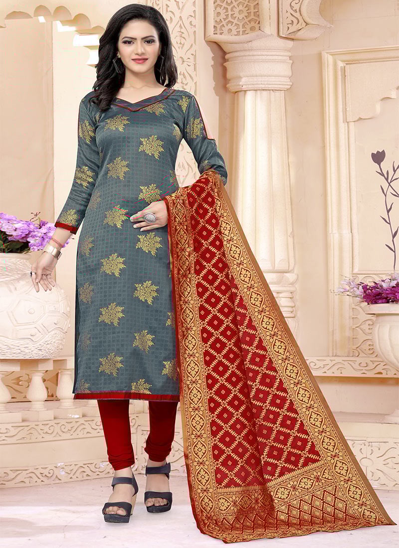 Grey Benarasi Art Silk Churidar Suit