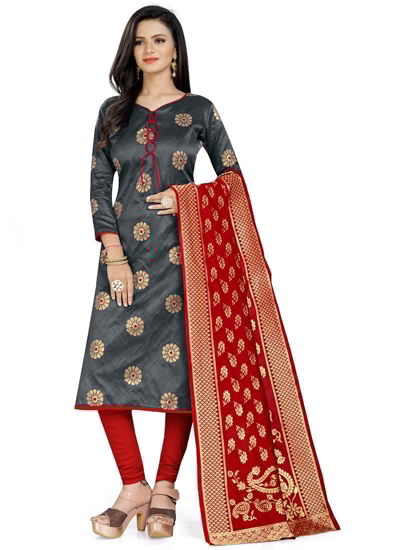 Grey Benarasi Art Silk Churidar Suit