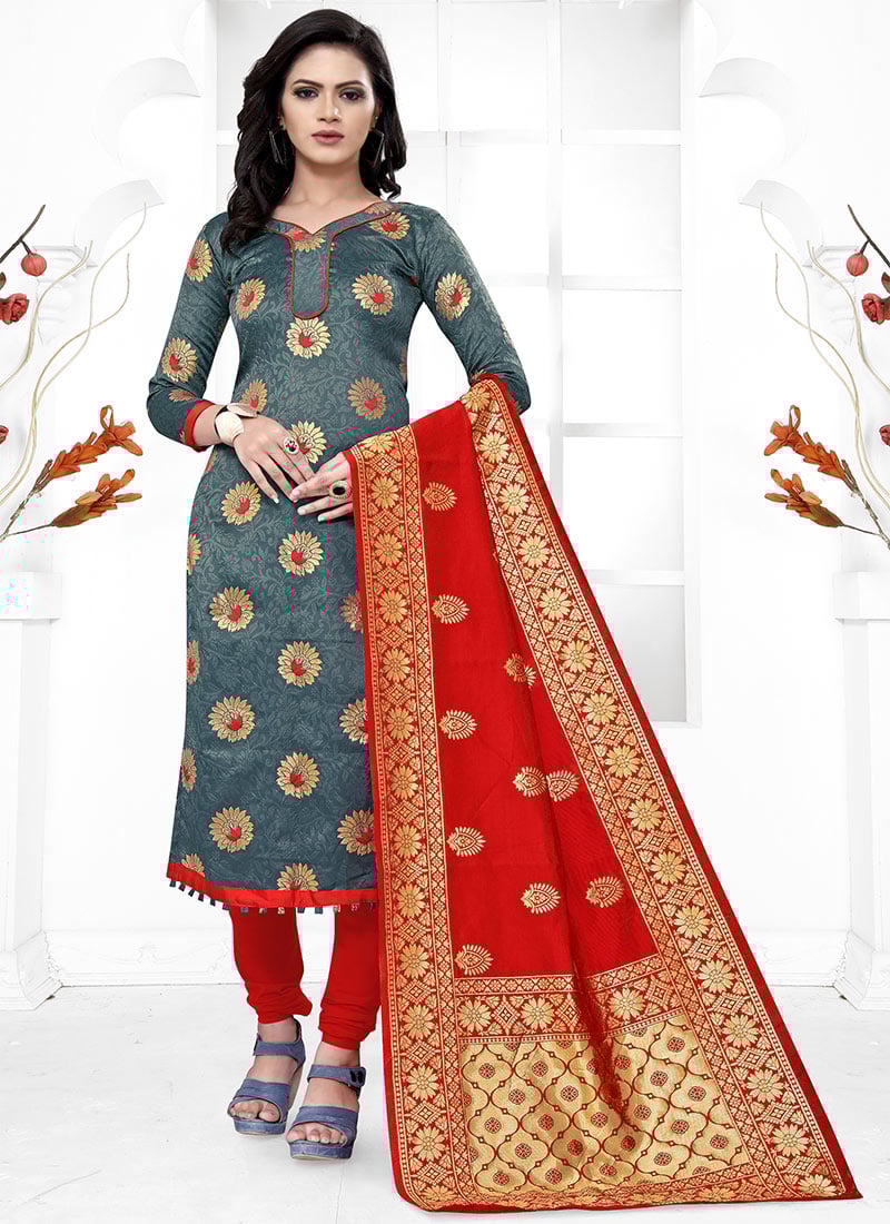 Grey Benarasi Art Silk Churidar Suit