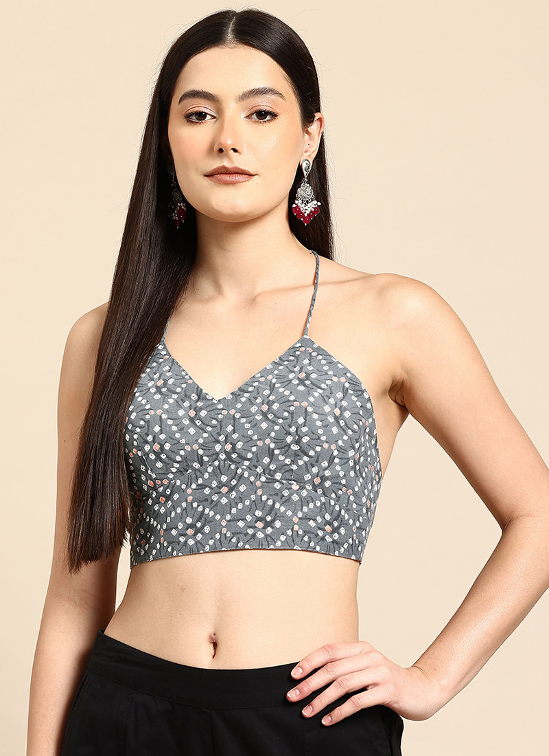 Grey Blended Cotton Bandhini Blouse After Six Wear