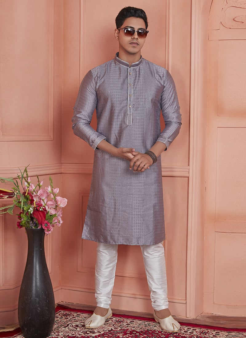 Grey Brocade Brocade Jacquard Silk With Zari Work  Kurta Pyjama Festive Wear
