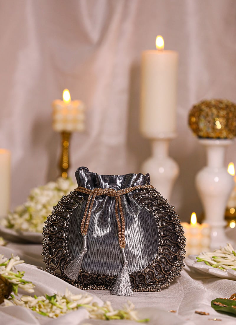 Grey Brocade Ghungroo Work Potli
