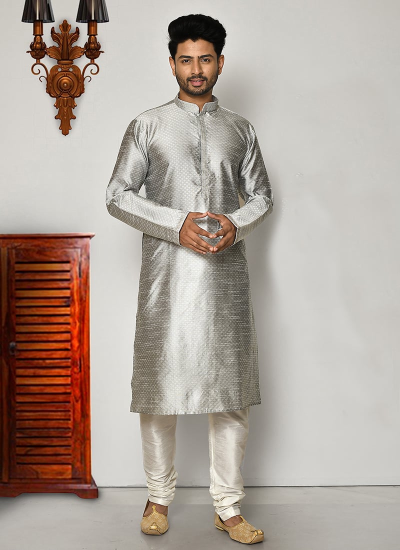 Grey Brocade Silk Jacquard Kurta Pyjama