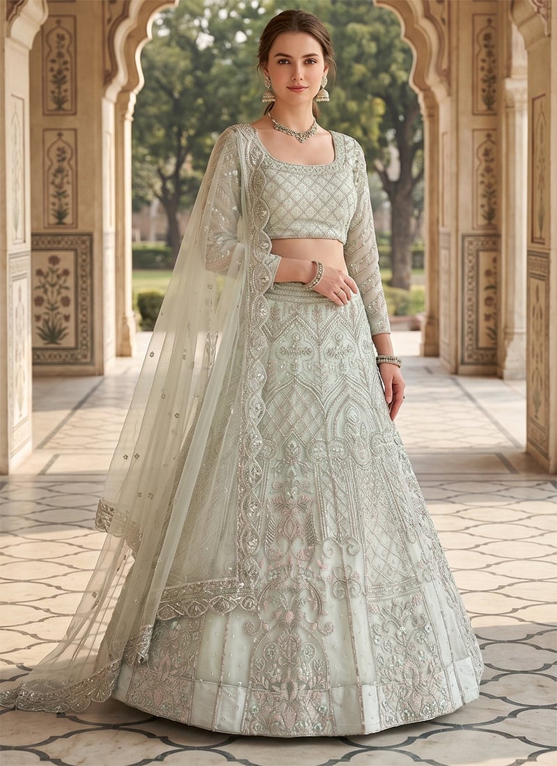 Grey Butterfly Net Embroidery Sequins Lehenga Wedding Wear