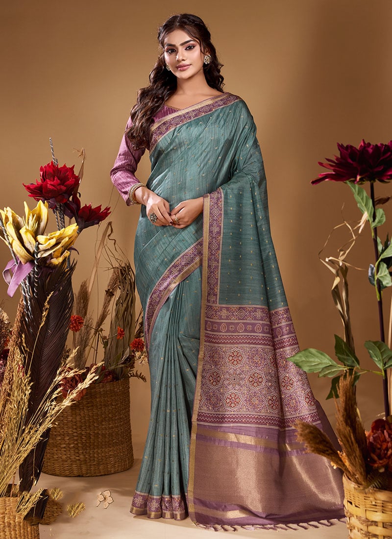 Grey Butti Tussar Silk Jacquard Zari Saree Festive Wear