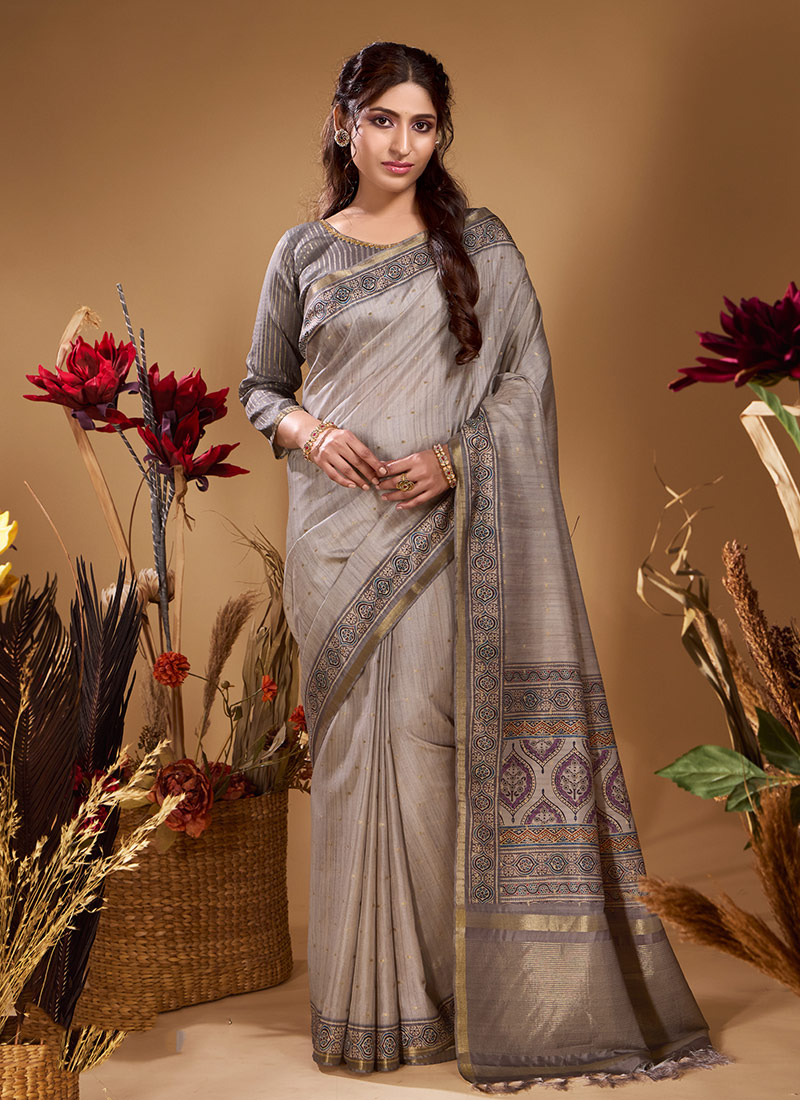 Grey Butti Tussar Silk Jacquard Zari Saree Festive Wear