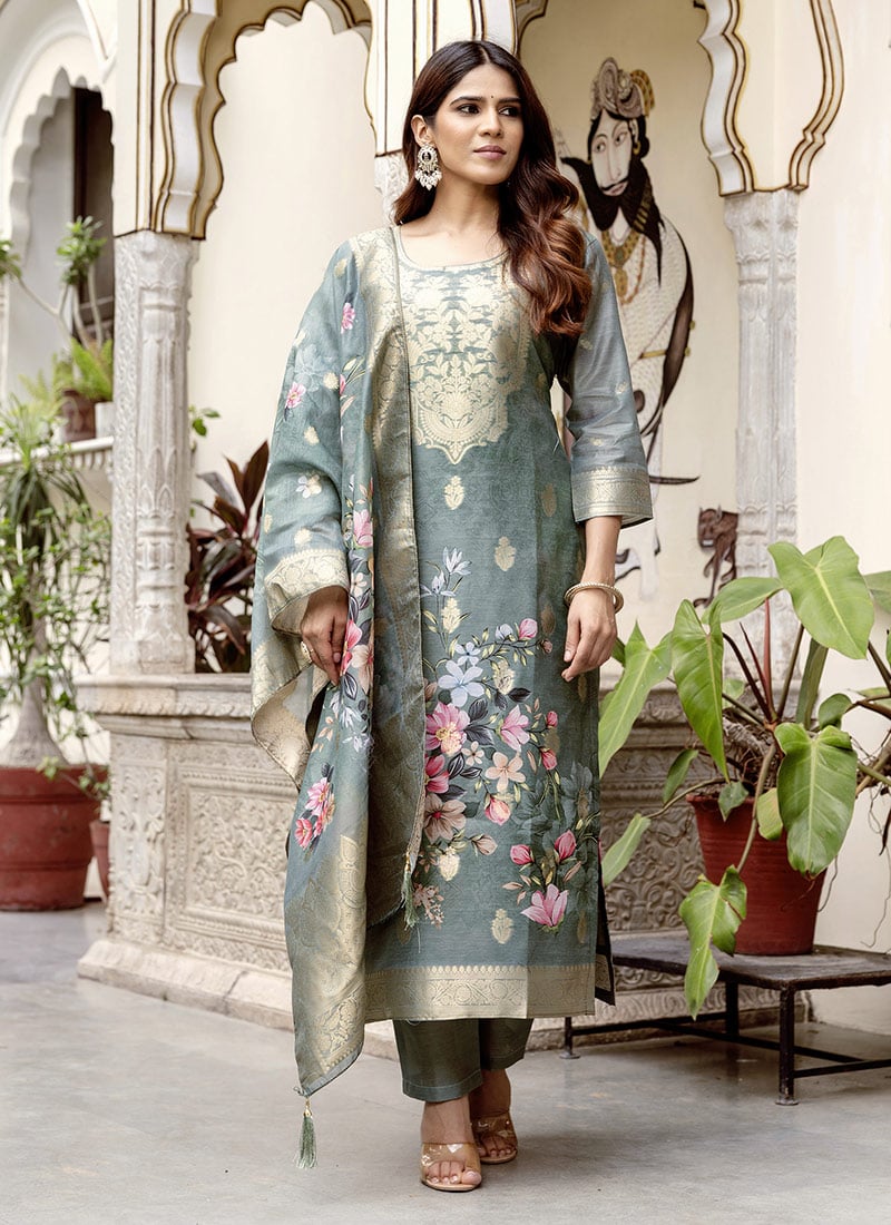 Grey Chanderi Cotton Jacquard Digital Print Straight Pant Suit After Six Wear