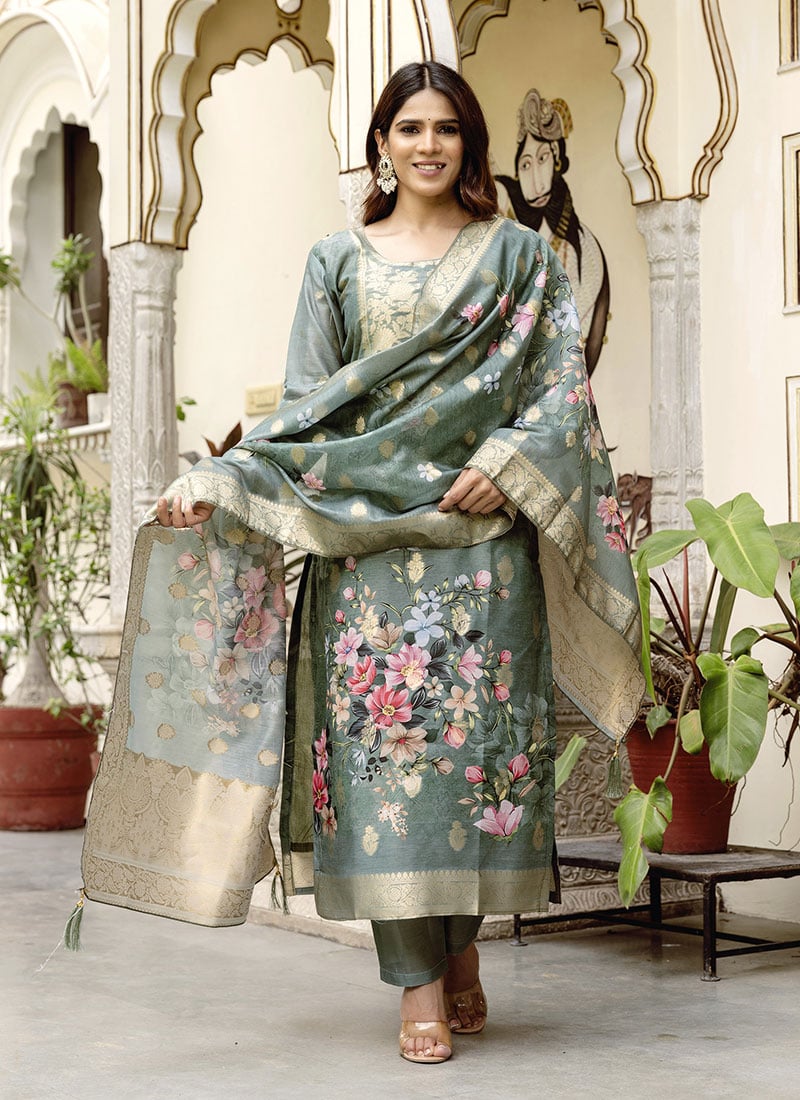 Grey Chanderi Cotton Zari And Digital Print Straight Pant Suit Festive Wear