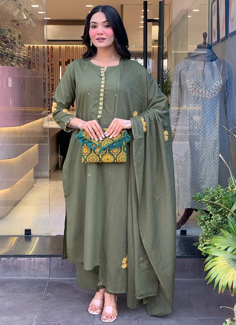 Grey Chanderi Embroidered Straight Pant Suit Festive Wear