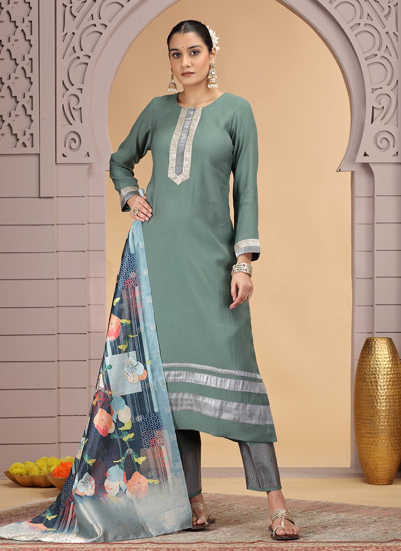 Grey Chiffon Sequins Beads Digital Print Straight Pant Suit Festive Wear