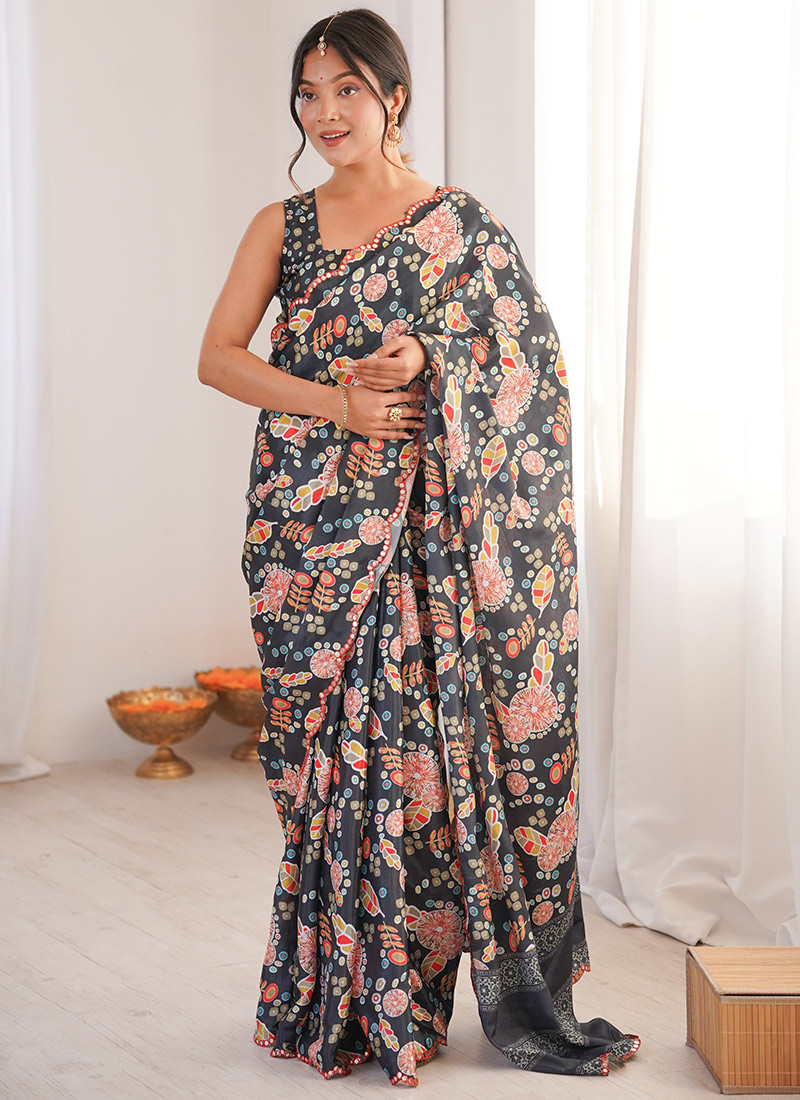 Grey Chinon Digital Print Cut Work Foil Mirror Border Saree After Six Wear