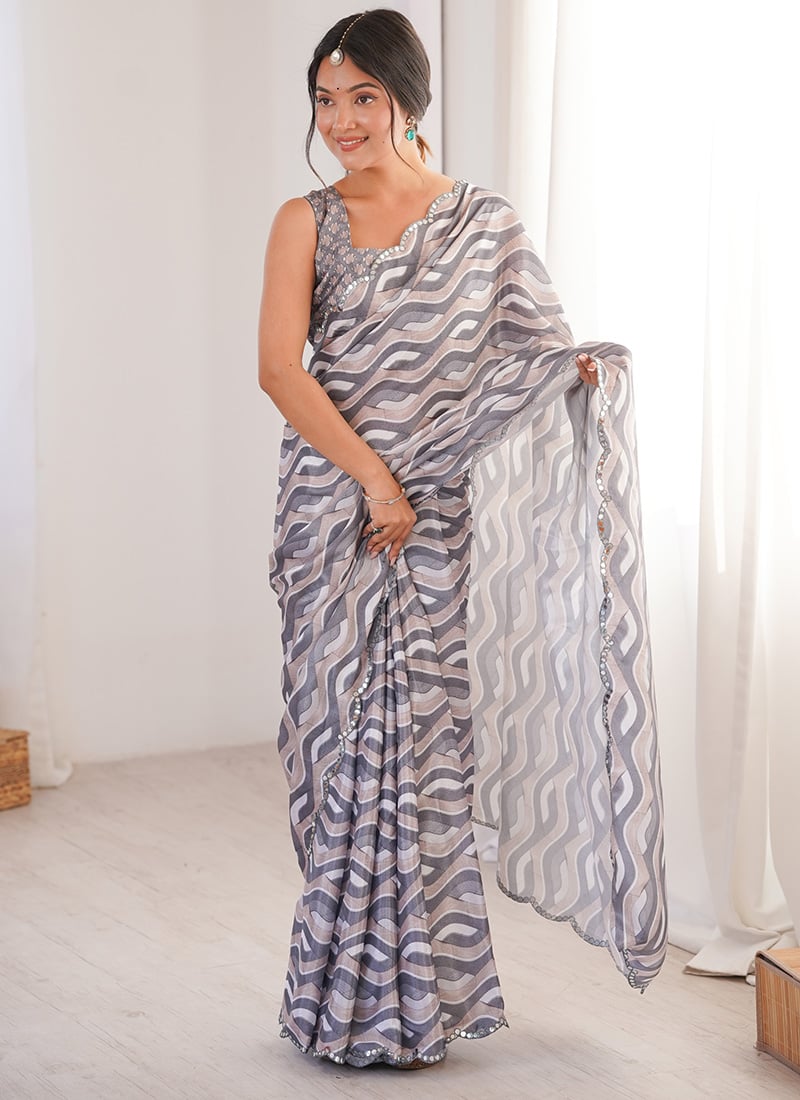 Grey Chinon Digital Print Foil Mirror Cut Work Saree After Six Wear