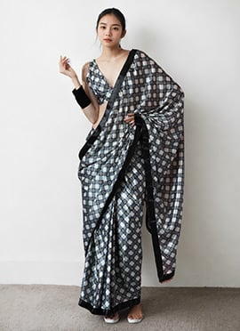 Grey Chinon Digital Print Pre Draped Saree