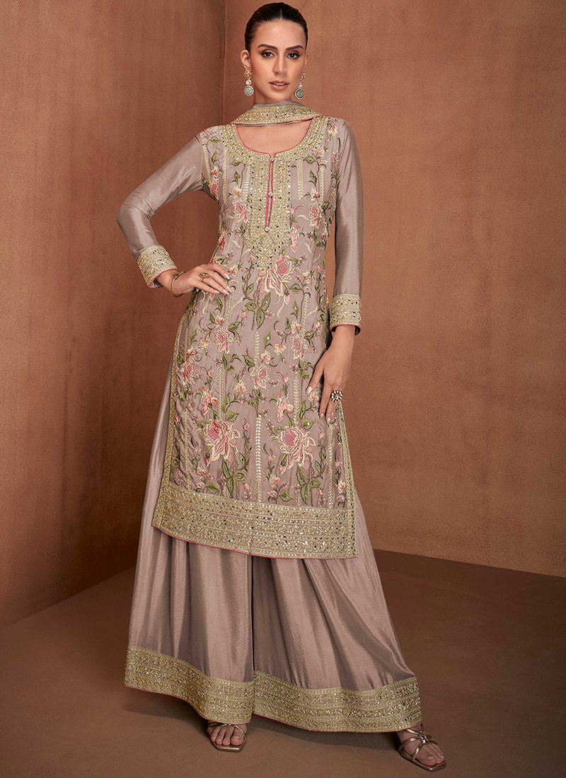Grey Chinon Embroidered Sequins Stunning Pakistani Palazzo Suit Festive Wear