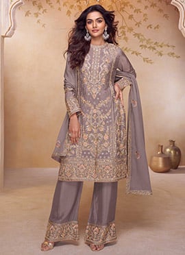 Grey Chinon Embroidered Sequins With Mirror Work Straight Pant Suit
