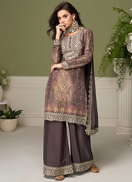 Grey Chinon Embroidered Stones Sequins Printed Palazzo Suit